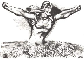Illustration of man with outstretched arms towering over a crowd